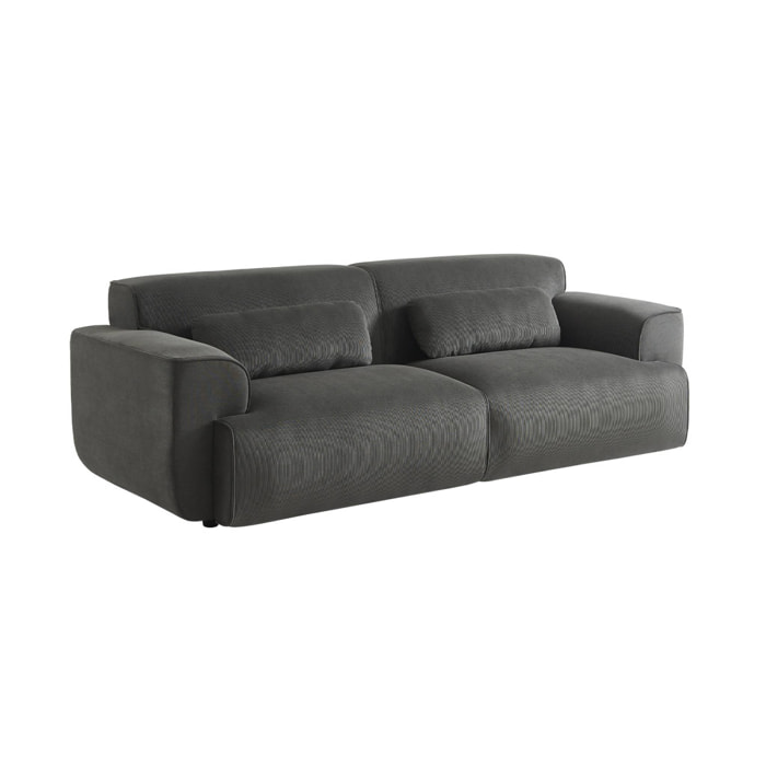 Canapé 3 places. tissu velours côtelé gris foncé. 2 coussins déhoussables. Wallas  L 230 x P 98 x H 73cm
