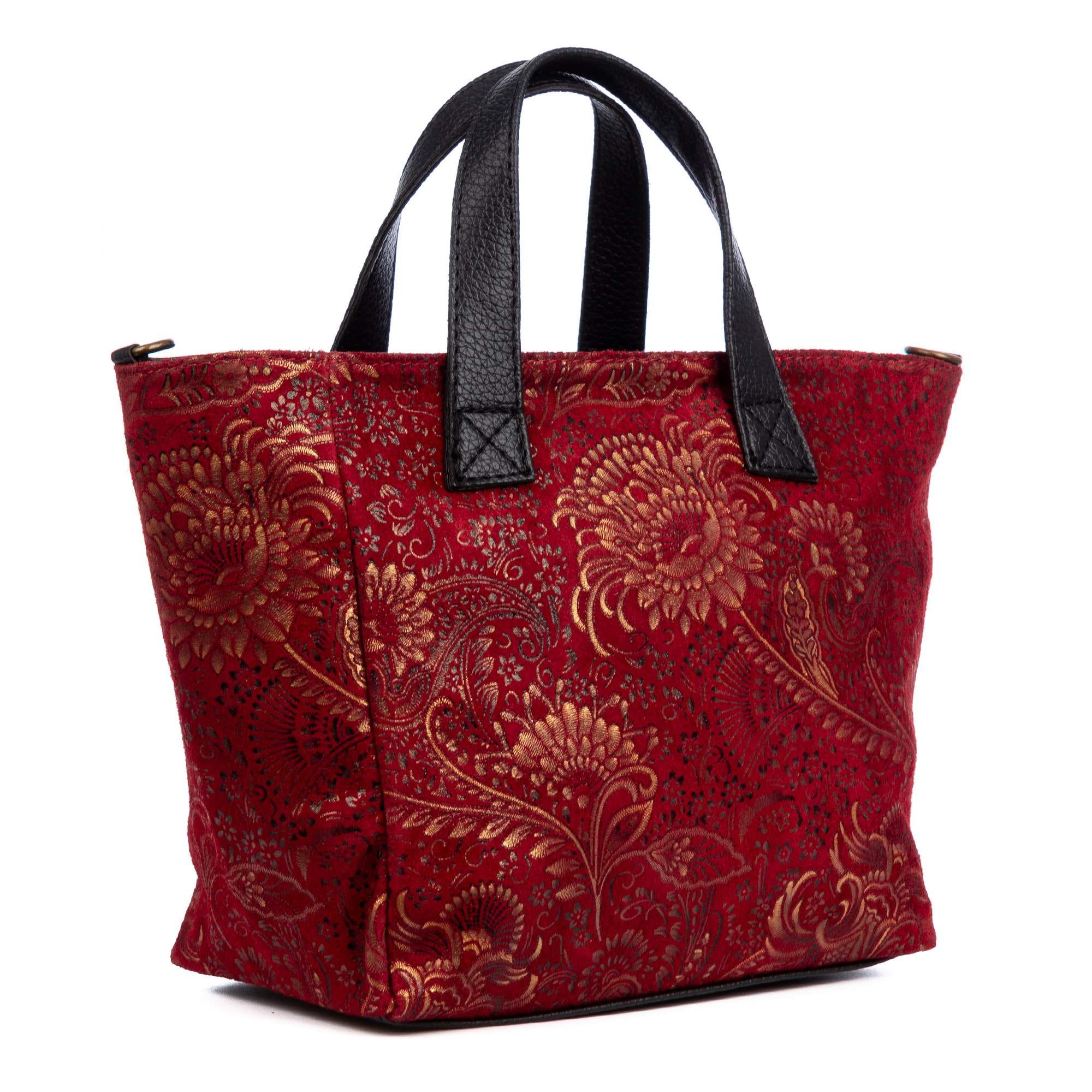 Cassandra borsa tote donna. Pelle scamosciata autentica stampa arabesca.