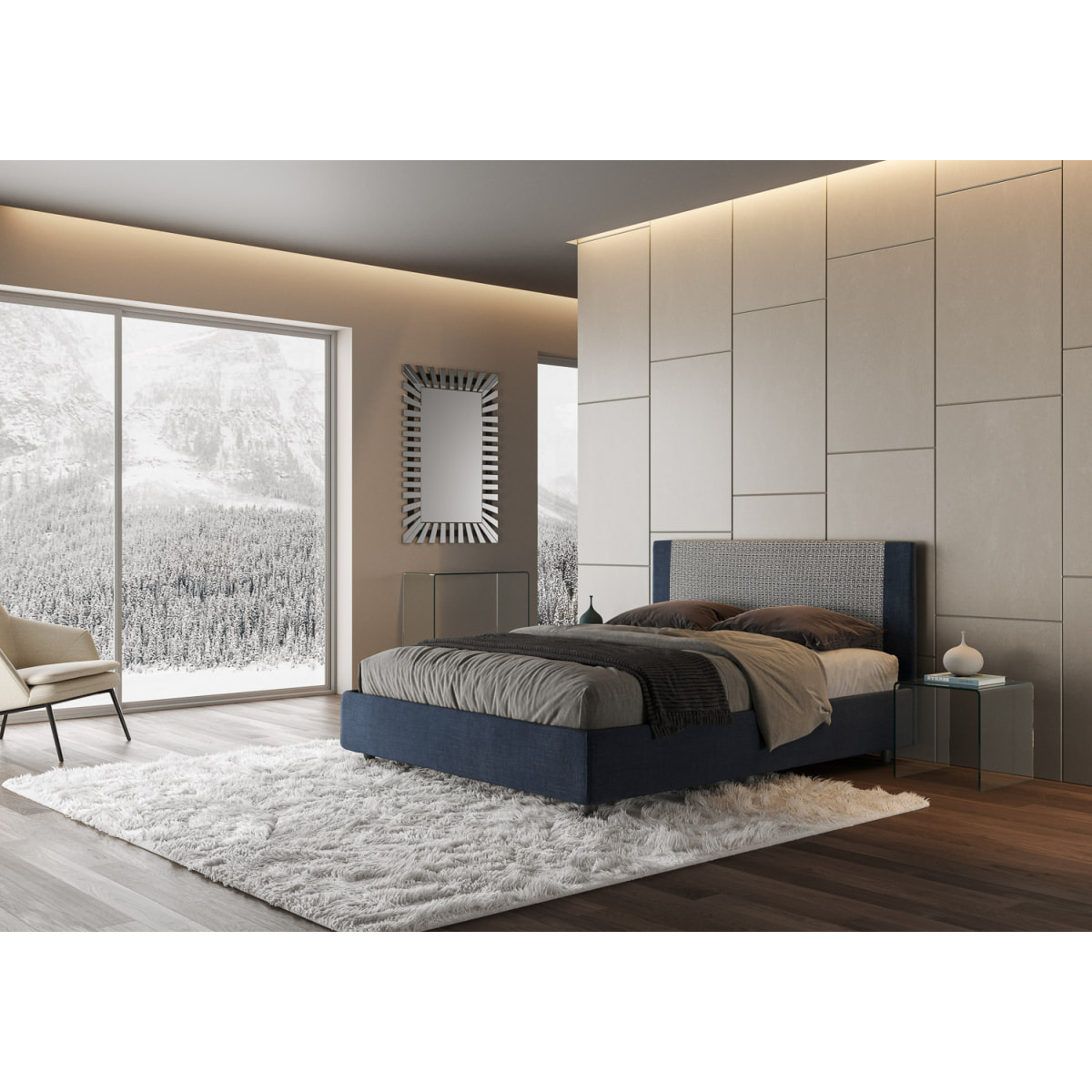 Letto matrimoniale contenitore imbottito 160x210 tessuto Labirinto 09 blu Rosal