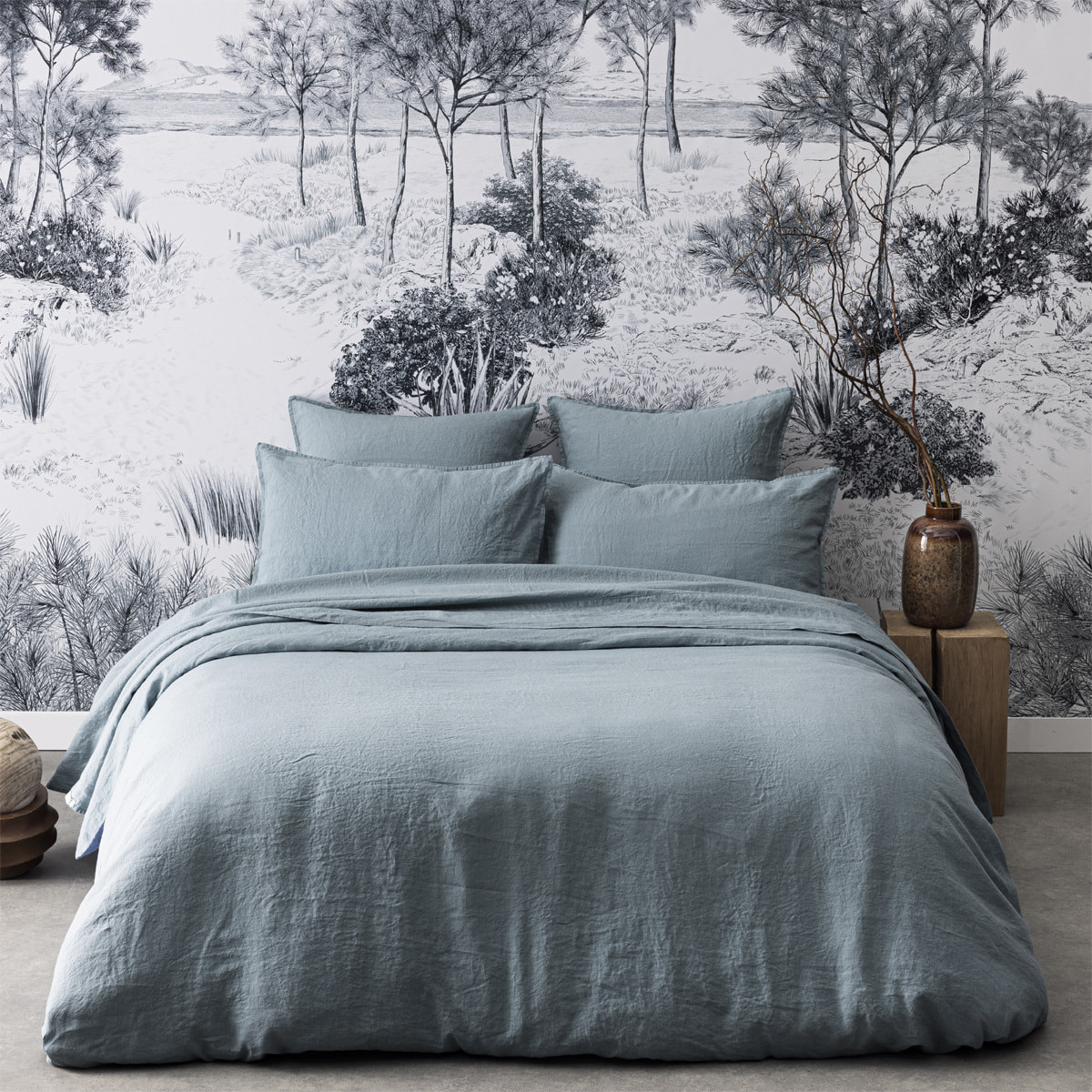 Drap plat uni en lin lavé, Made in France, NOUVELLE VAGUE , Bleu cascade