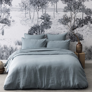 Drap plat uni en lin lavé, Made in France, NOUVELLE VAGUE , Bleu cascade