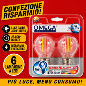 OMEGA Set 6 Lampadine Filament LED Sfera 4W E27 3000K