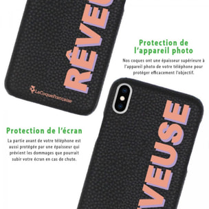 Coque iPhone X/XS effet cuir grainé noir Rêveuse corail et parme Design La Coque Francaise