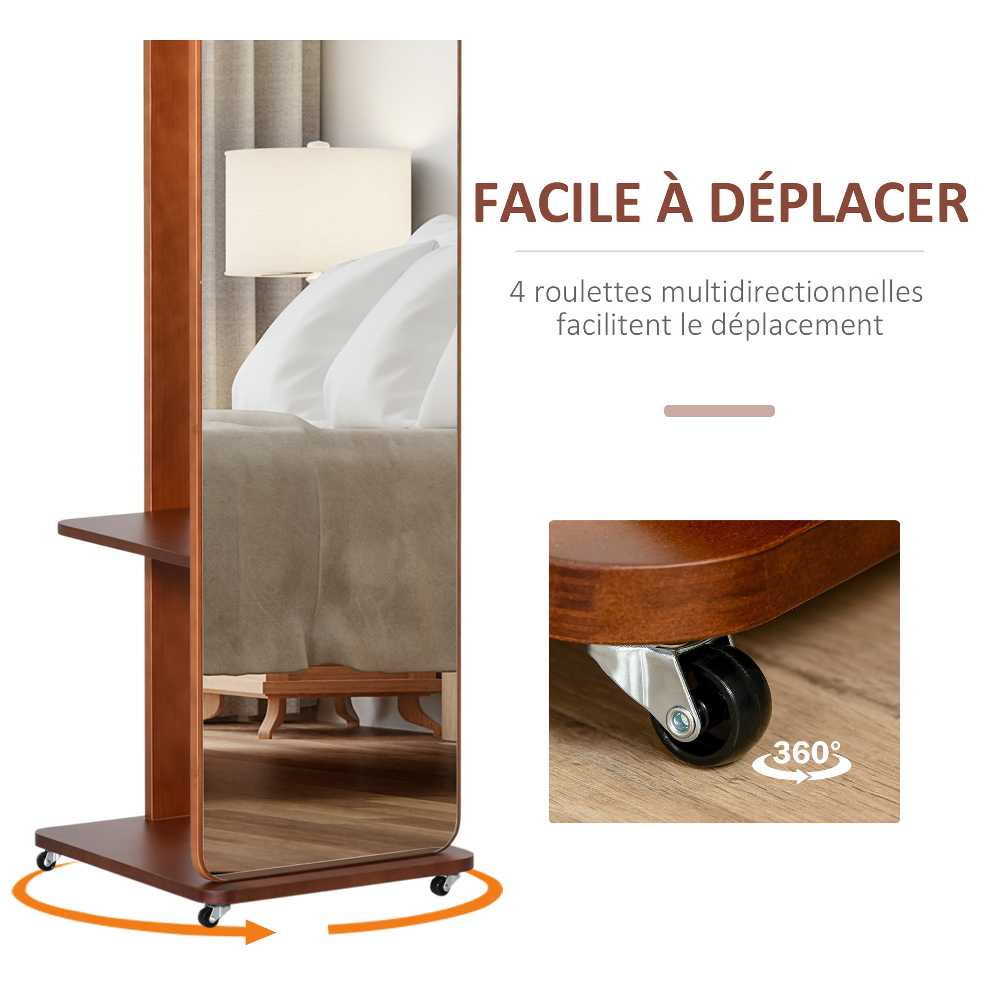 Miroir sur pied avec roulettes - portant, 4 patères étagère MDF aspect noyer