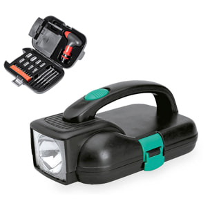 Set de herramientas Vizcaya con 24 accesorios en estuche resistente y linterna LED integrada.