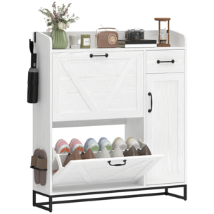 Zapatero Estrecho con 2 Cajones Abatibles, Zapatero Entrada Recibidor Rústico con Cajón y Estantes Ajustables, para 12 Pares de Zapatos, para Pasillo, Espacio Reducido, 106,7x26x116 cm, Blanco