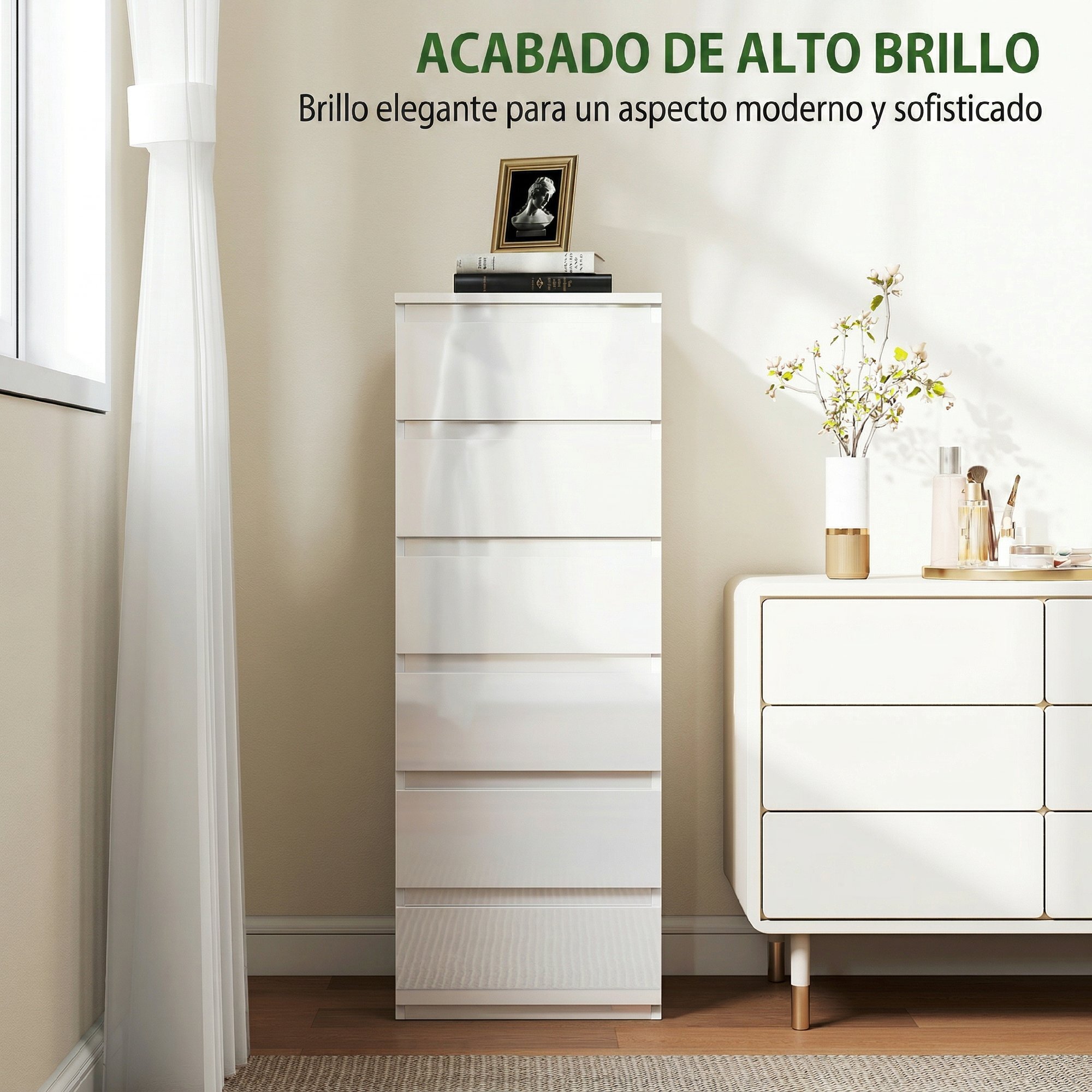 Cómoda 6 Cajones, Cómoda Dormitorio Estrecha de Blanco Brillo, Sinfonier, Ahorro Espacio, Cajonera para Sala de Estar, Comedor, Entrada, 40x35x109 cm