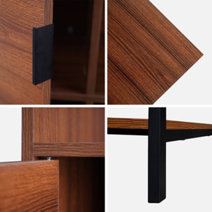 Bibliothèque style vintage en décor noyer et métal noir avec 9 compartiments (3 portes et 5 étagères)