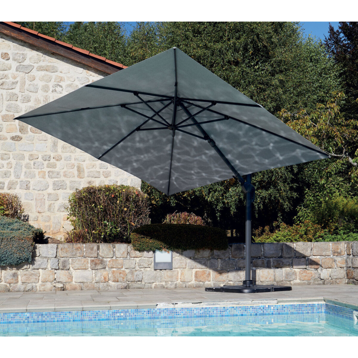 Parasol déporté 3x3m double inclinaison - gris perle - EMERAUDE