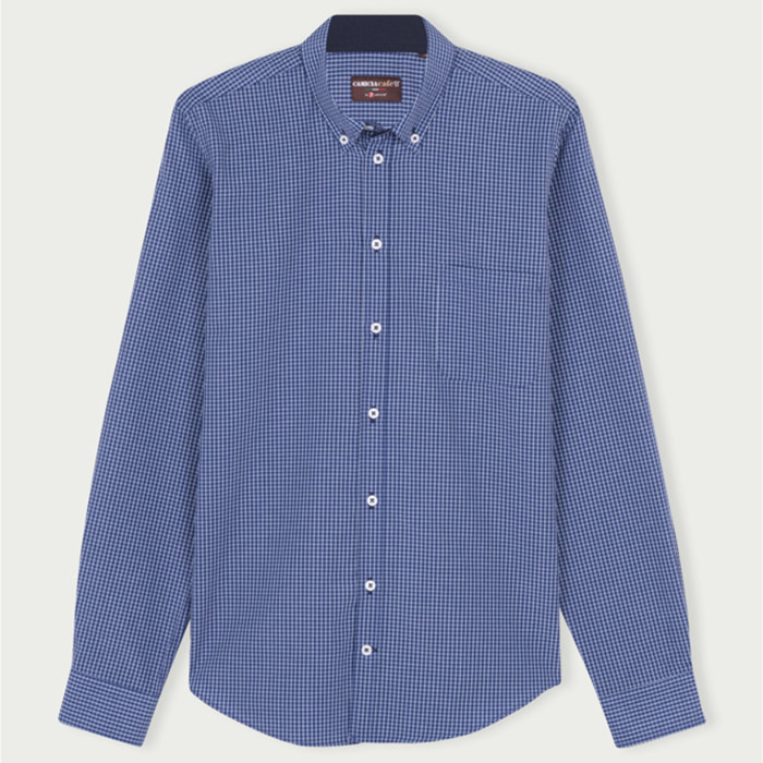 Camicia Uomo 1 Bottone Button Down Slim Cotone Poliestere Riga Stretta Blu\Bianco