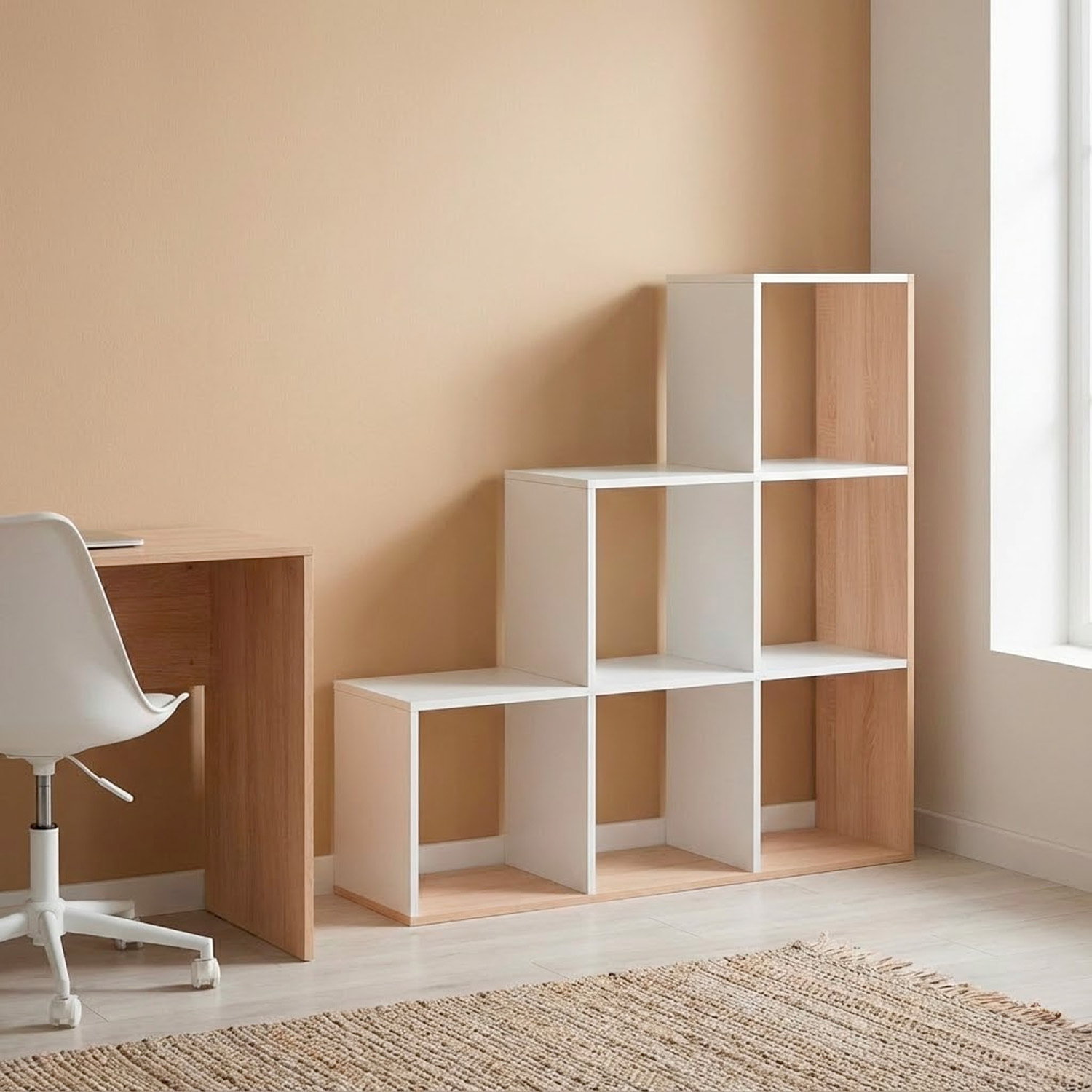 Libreria Con Vani Scaffale Salvaspazio Mobile Da Parete Con 6 Vani E 4 Ripiani Design Moderno Soggiorno Studio 110 x 108 x 29 Cm Bianco e Rovere