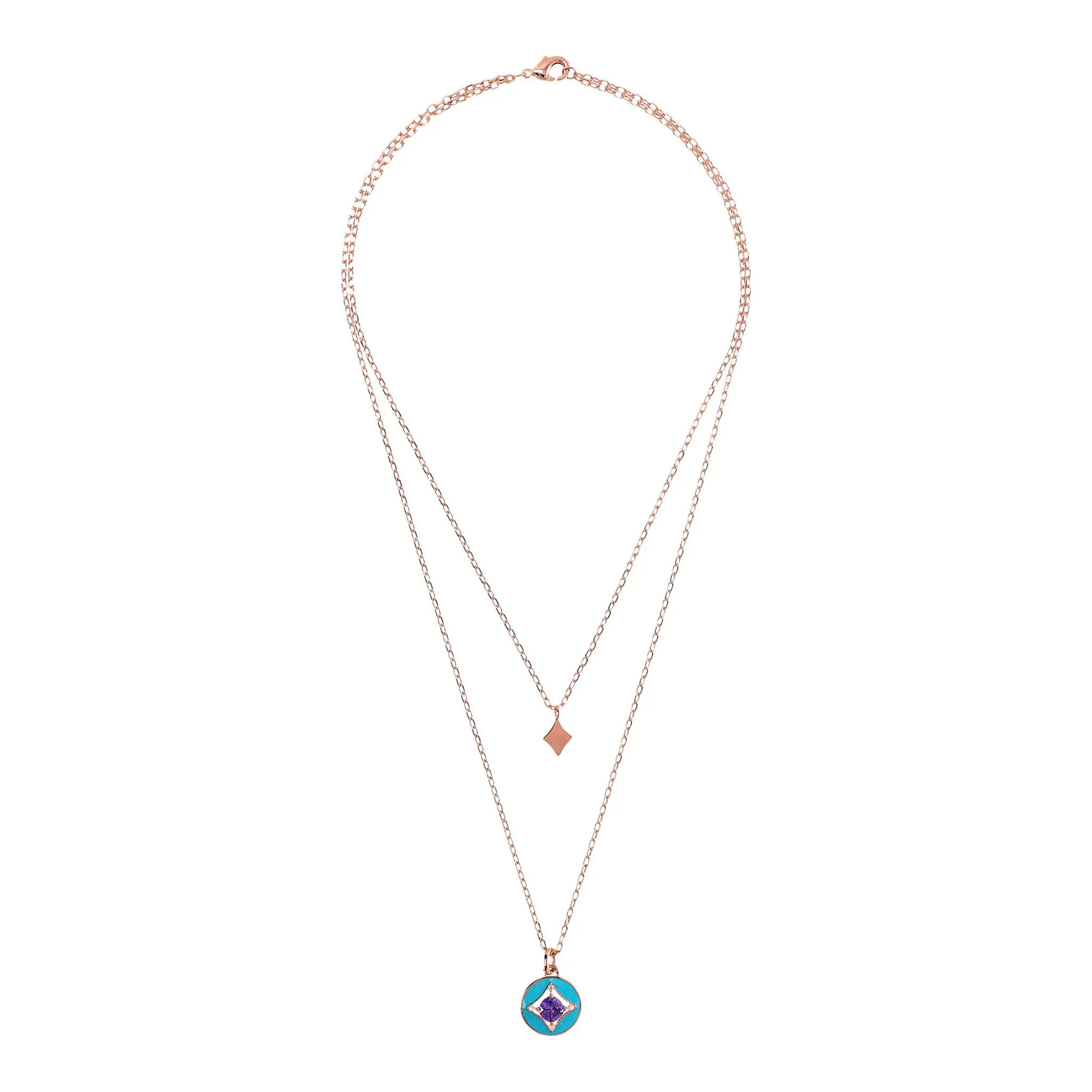 Collana Multifilo Catena Forzatina con Ciondolo Étoile e Pendente Tondo Smaltato Viola con Cubic Zirconia Blu