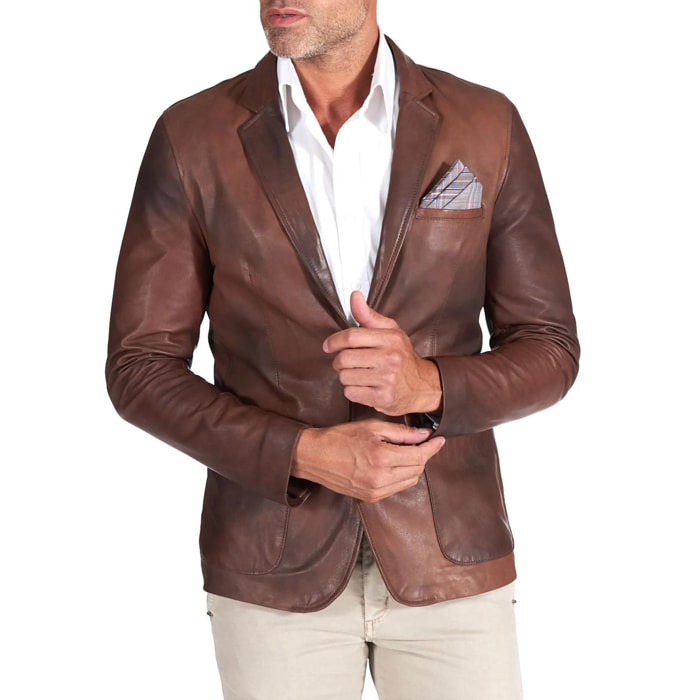 Blazer in pelle naturale marrone nuvolato con taschino e fazzoletto