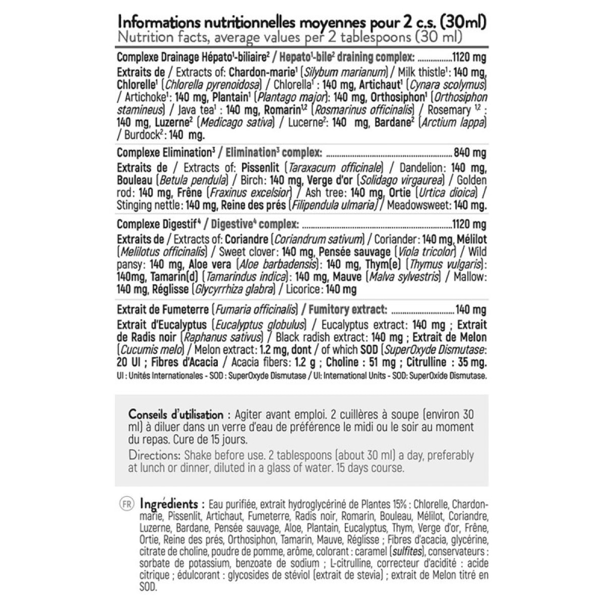 Natural Detox - Concentré à diluer à base d'extraits de plantes - Elimination des toxines - Drainage hépato-biliaire - Vegan - Cure 15j - Goût cerise - Flacon 500ml