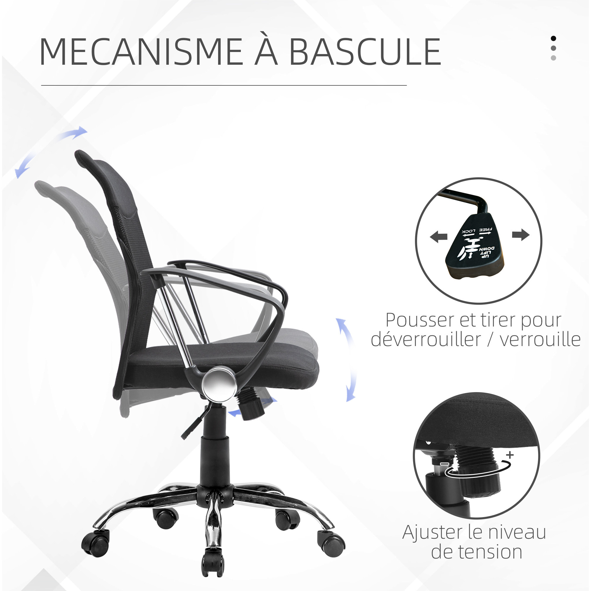 Fauteuil de bureau chaise de bureau réglable pivotant 360° fonction à bascule lin maille résille respirante noir