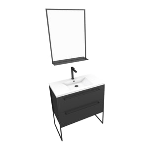 Pack Meuble de salle de bain 80x50 cm NOIR MAT - 2 tiroirs Noir mat - vasque blanche + miroir
