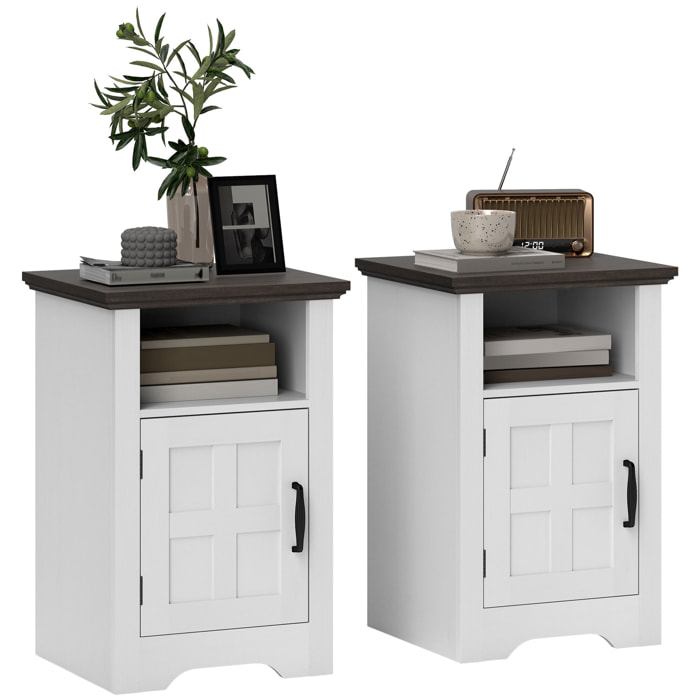 Juego de 2 Mesas Auxiliares para Salón Mesitas de Noche con Puerta Estilo Granero y Estante Abierto Mesas de Centro Pequeñas Rústicas para Dormitorio 40x35x60 cm Blanco