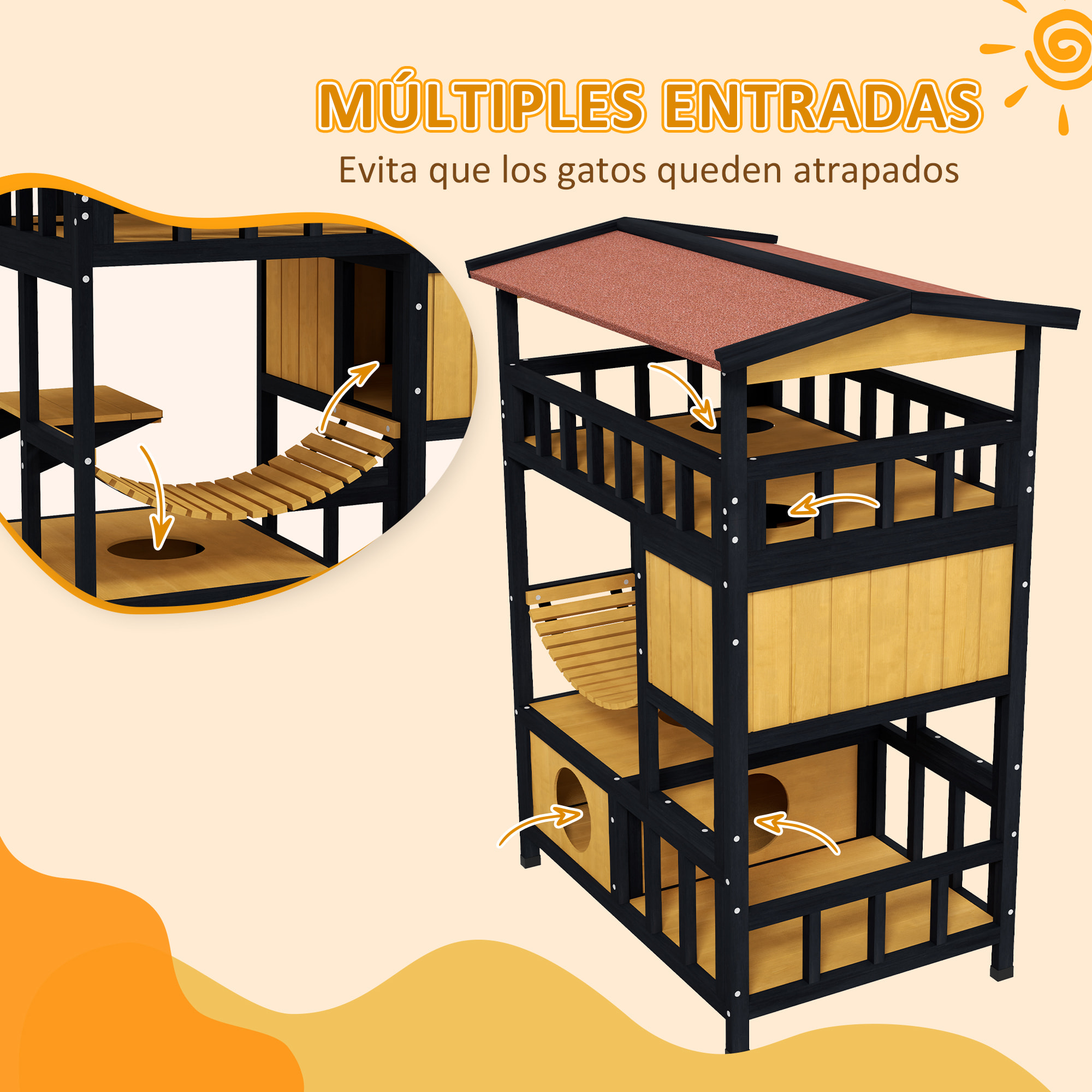 PawHut Caseta para Gatos de Madera 84x60x116 cm Casa para Gatos de 4 Niveles Refugio para Gatos con Puente Colgante Balcón y Techo Asfáltico Natural