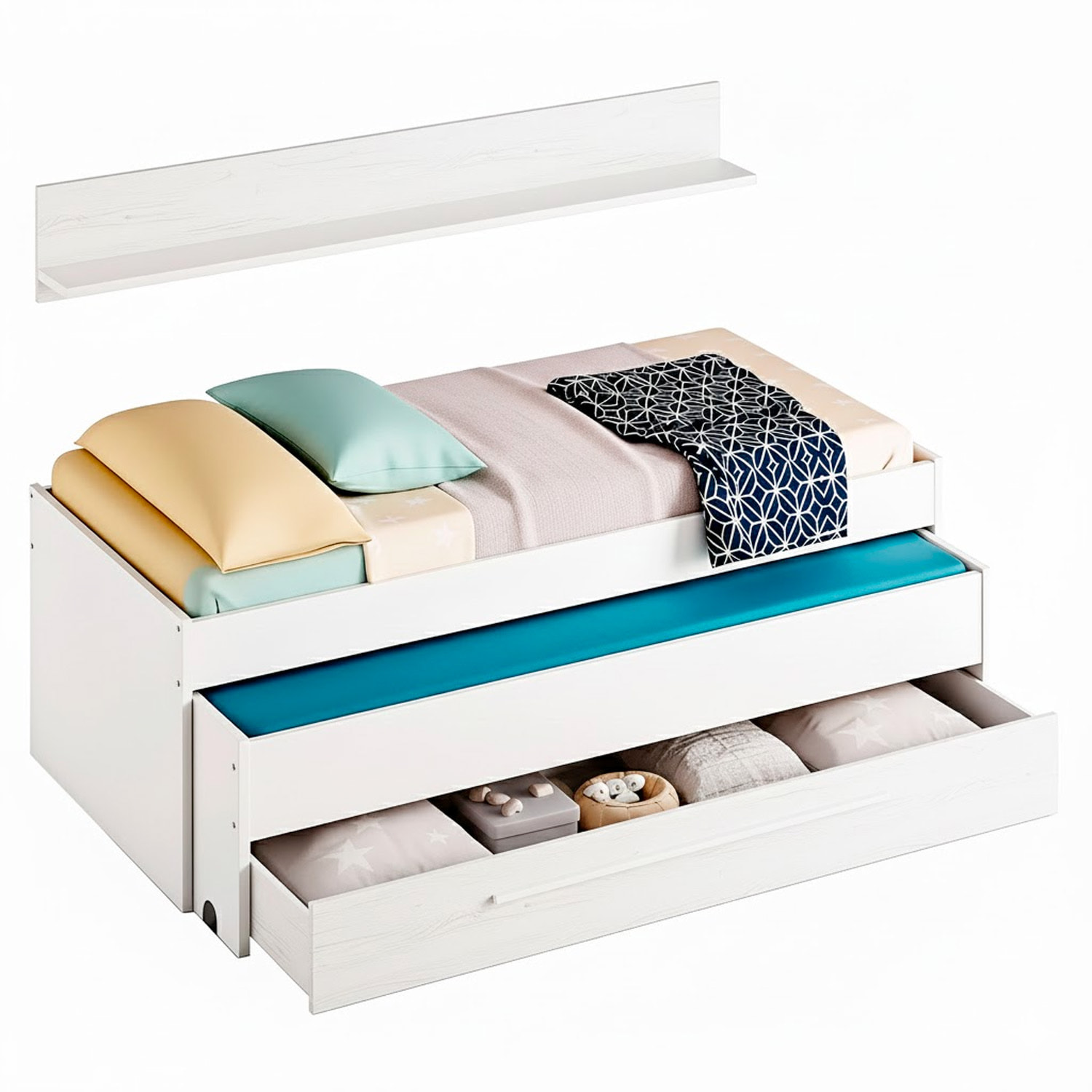 Letto A Castello Salvaspazio Con Letto Estraibile Cassetto E Mensola Design Nordico Ideale Per Camerette  65×199×96 Cm Bianco e Bianco Effetto Legno