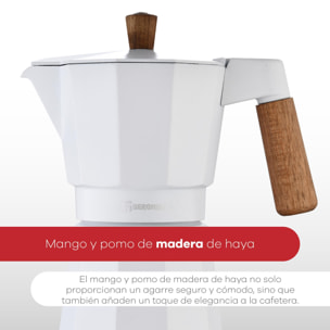 cafetera para 3 tazas en aluminio blanco con mango de madera