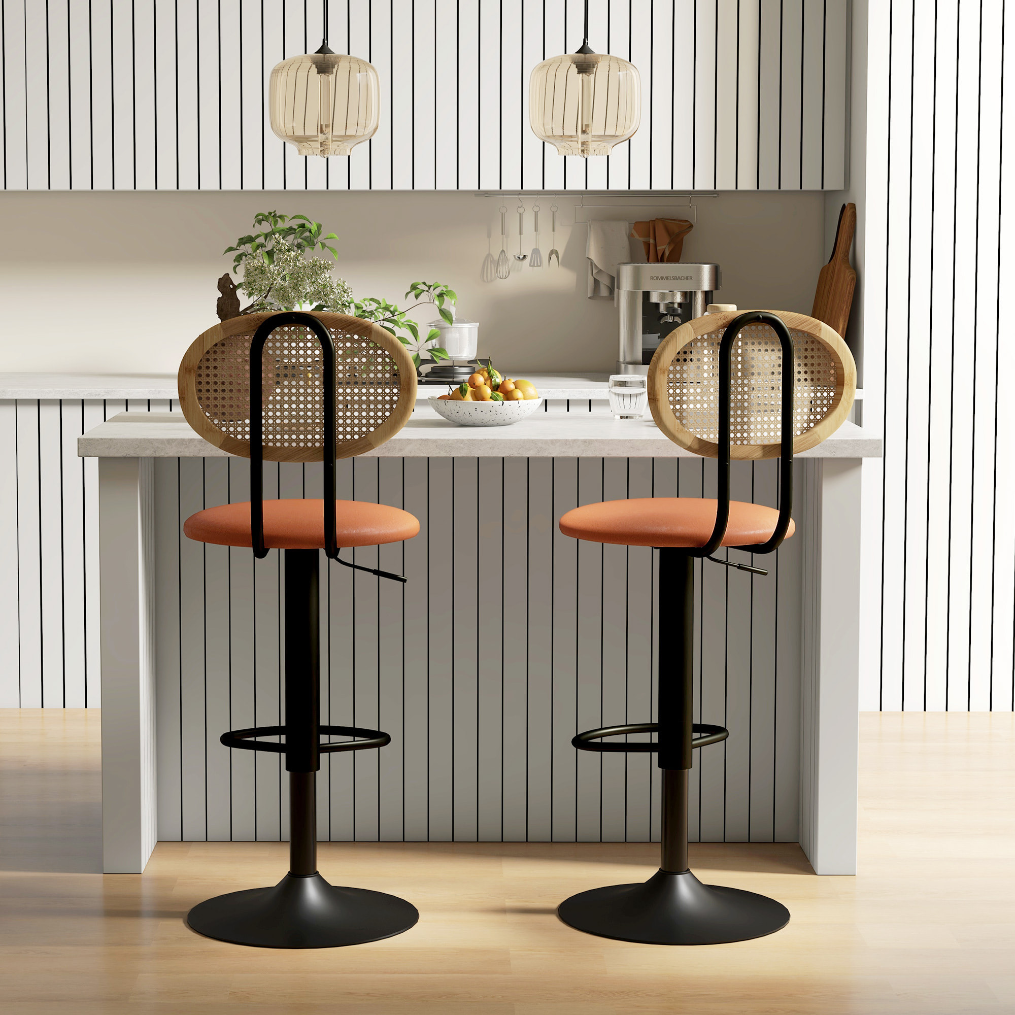 Lot de 2 tabourets de bar – Dossier en rotin – Réglables