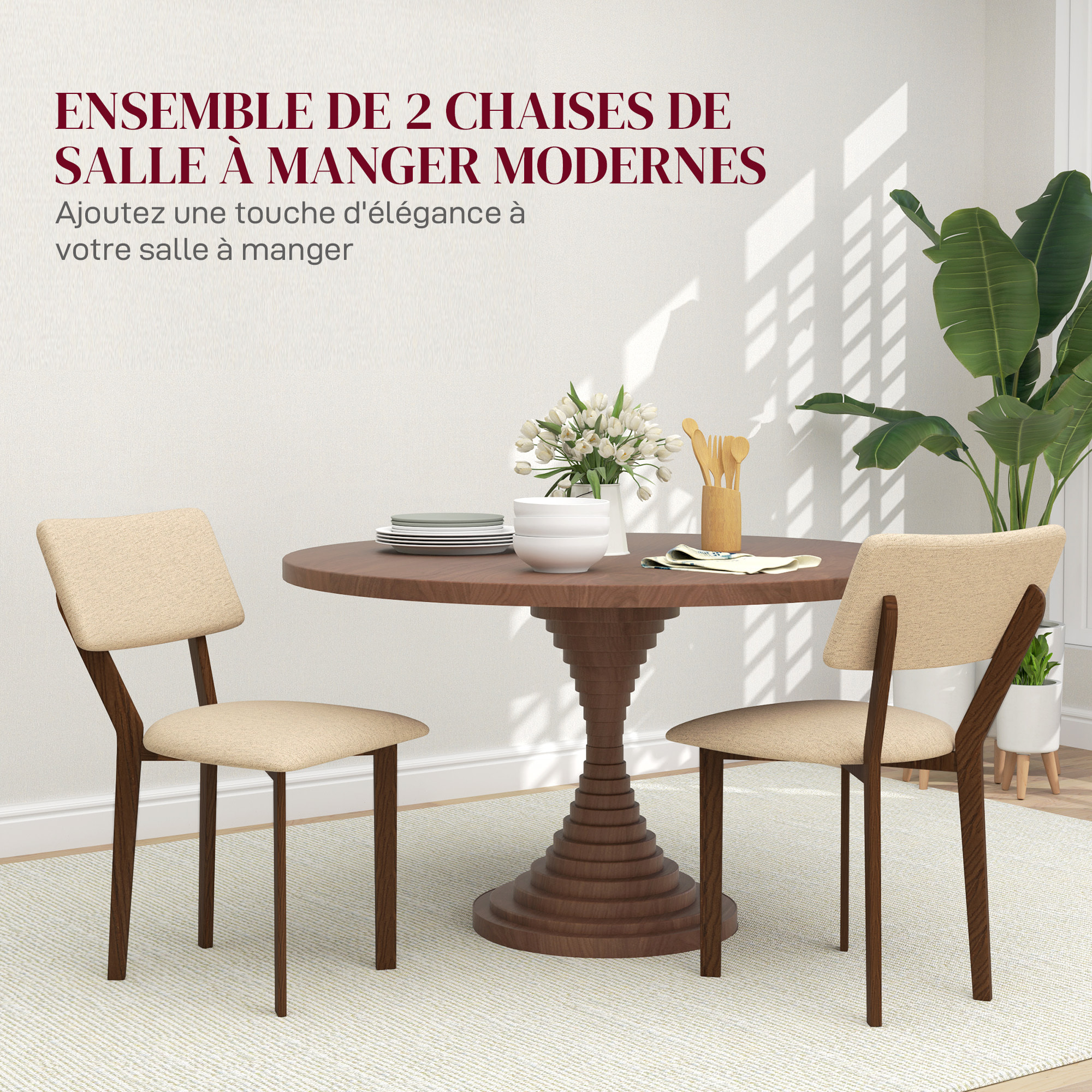 Lot de 2 chaises salle à manger style néo-rétro bois hévéa verni tissu effet lin beige