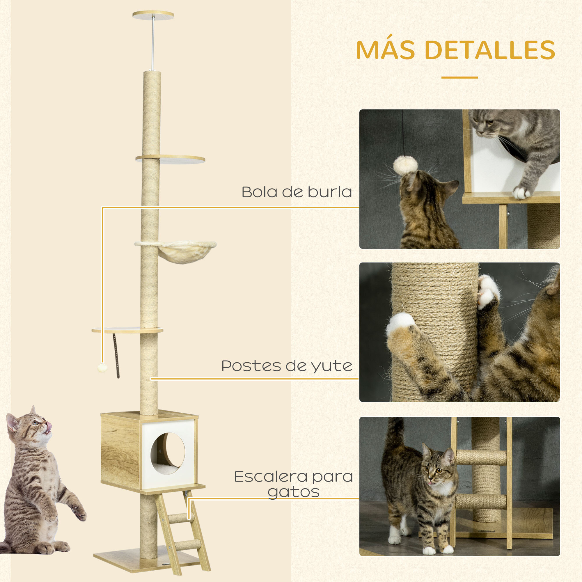 Árbol para Gatos del Suelo al Techo 225-285 cm Altura Ajustable Árbol para Gatos Grande con Plataformas Hamaca Caseta Poste de Yute Rampa y Bolas 40x40x225-285 cm Beige