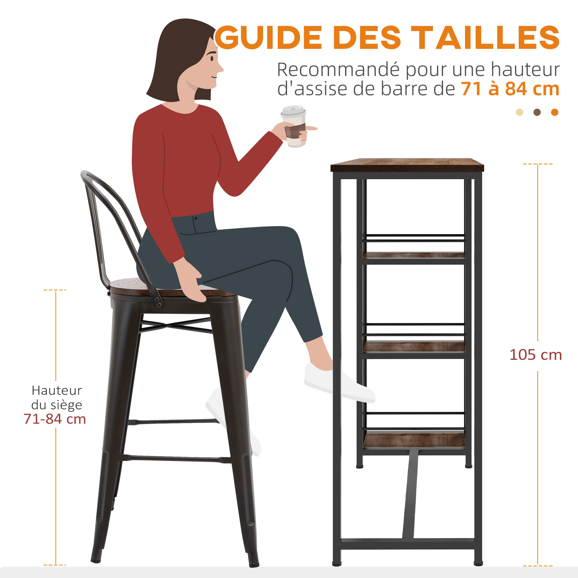 Table de bar 3 étagères style industriel acier noir aspect panneaux aspect bois