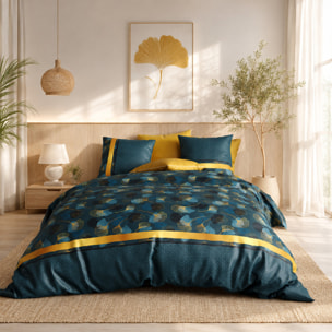 Parure housse de couette imprimé 100% coton - ginko - jaune