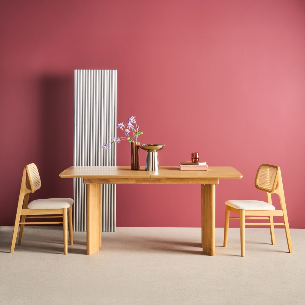 Table à manger rectangulaire extensible bois d'hévéa et placage chêne 6-8 places ALBANE