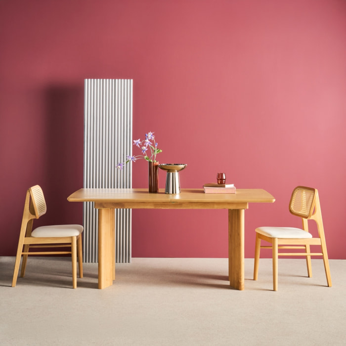 Table à manger rectangulaire extensible bois d'hévéa et placage chêne 6-8 places ALBANE