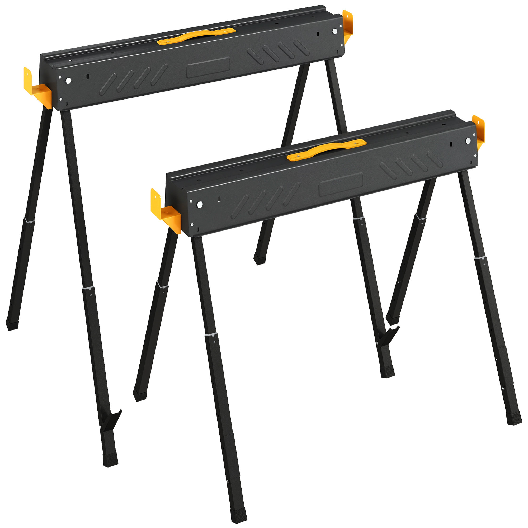 Set de 2 Caballetes para Sierra Plegables, Banco de Trabajo, Altura Ajustable, para Madera 2x4, con Asa, Ganchos, Base Antideslizante, para Carpintería y Bricolaje, Soporta hasta 500 kg, Negro