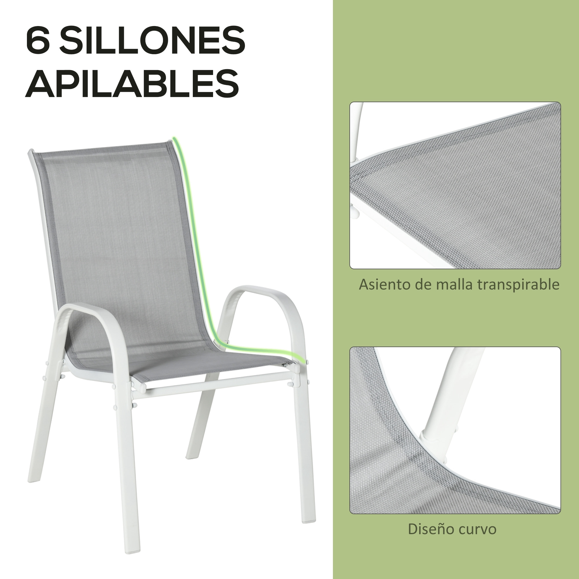 Conjunto de Muebles de Jardín de 7 Piezas Juego de Mesa y 6 Sillas para Terraza con Orificio para Sombrilla y Encimera de Cristal para Terraza Patio Gris