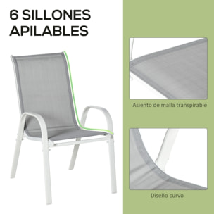 Conjunto de Muebles de Jardín de 7 Piezas Juego de Mesa y 6 Sillas para Terraza con Orificio para Sombrilla y Encimera de Cristal para Terraza Patio Gris