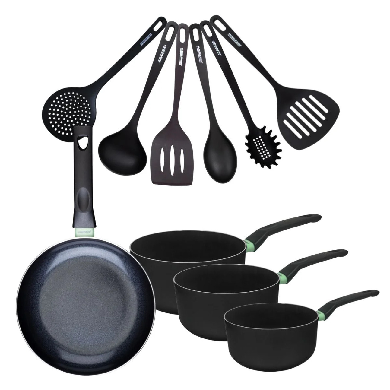 Set de 1 poêle 24 cm, 3 casseroles antiadhésives céramique 16, 18 et 20 cm et 6 ustensiles Fackelmann Brandao