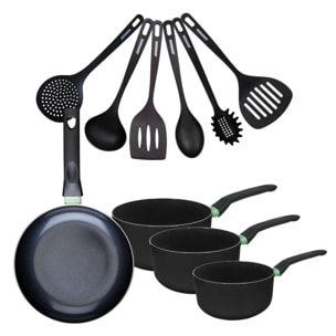 Set de 1 poêle 24 cm, 3 casseroles antiadhésives céramique 16, 18 et 20 cm et 6 ustensiles Fackelmann Brandao