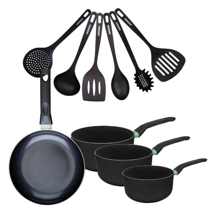 Set de 1 poêle 24 cm, 3 casseroles antiadhésives céramique 16, 18 et 20 cm et 6 ustensiles Fackelmann Brandao