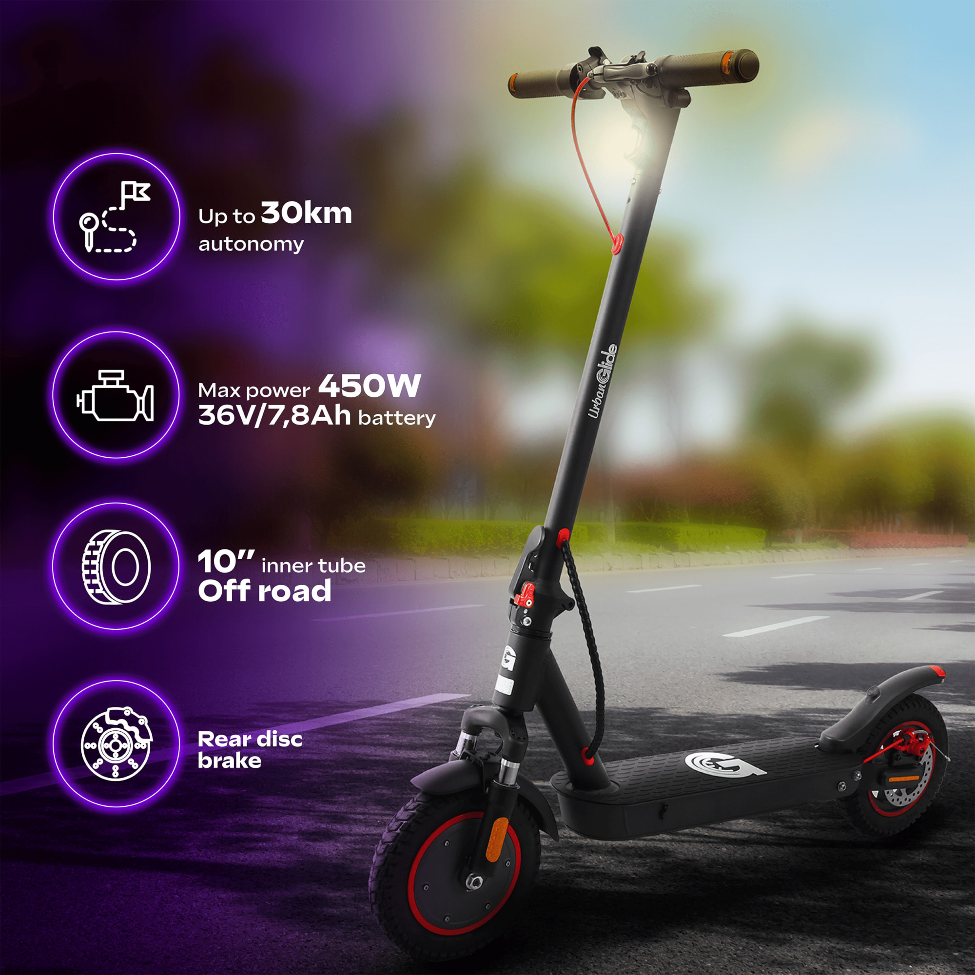 RIDE 100 PRO 2 – Poids 15Kg – Autonomie Jusqu'a 30 km – Batterie 42V – Trottinette Électrique Adulte UrbanGlide – Pneu 10"