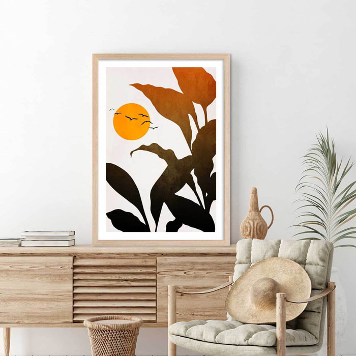 Affiche graphique ""Tropique paradis"" Affiche + cadre en bois - Chêne