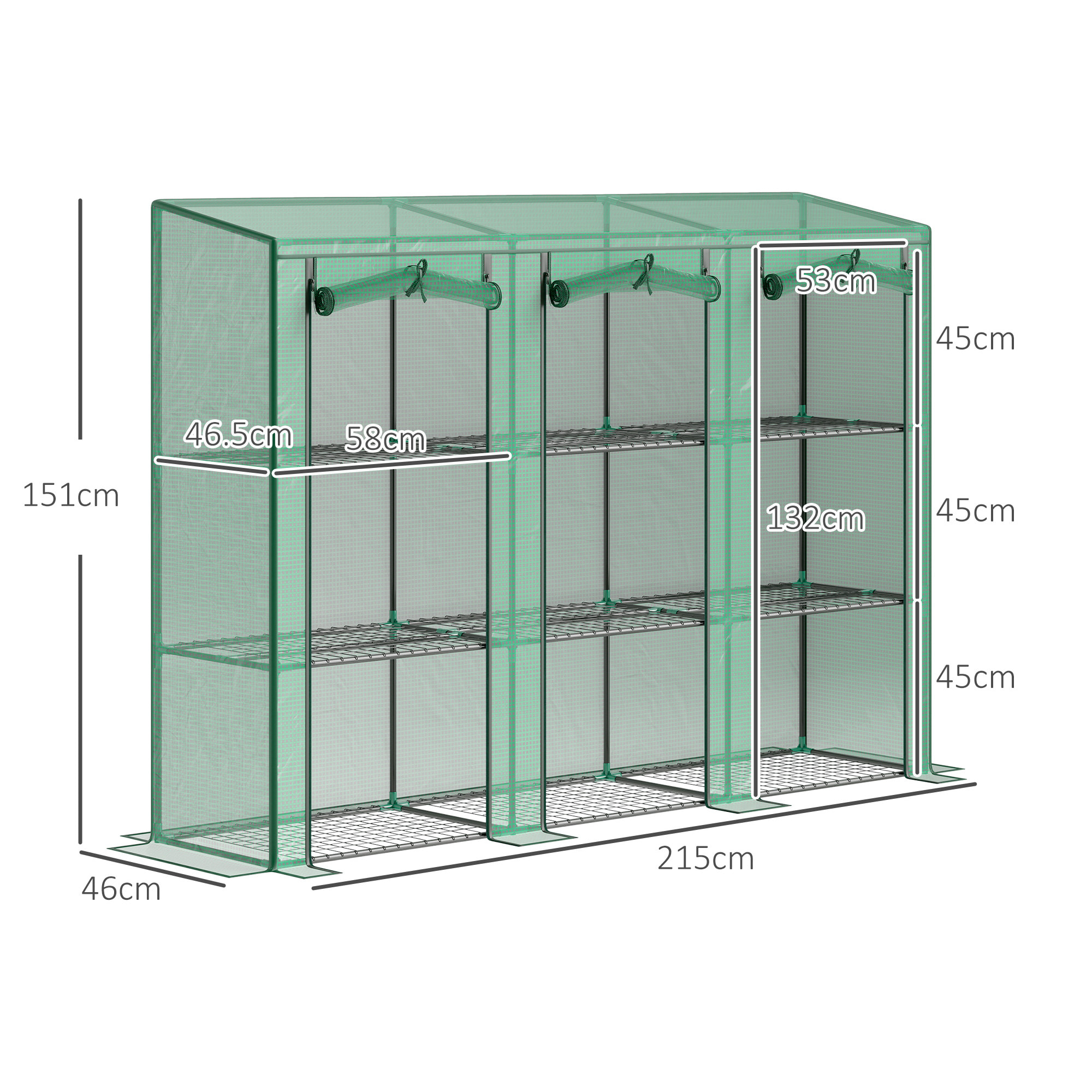 Invernadero de Exterior de 3 Niveles Invernadero de Jardín con 9 Estantes Puerta Enrollable con Cremallera Marco de Acero Cubierta de PE 140g/m² Anti-UV para Terraza Patio 215x46x151cm Verde