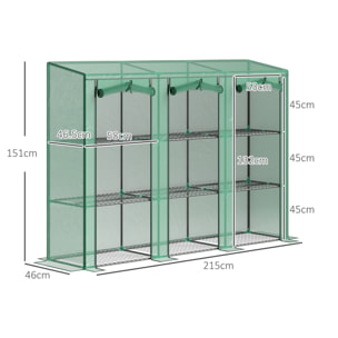 Invernadero de Exterior de 3 Niveles Invernadero de Jardín con 9 Estantes Puerta Enrollable con Cremallera Marco de Acero Cubierta de PE 140g/m² Anti-UV para Terraza Patio 215x46x151cm Verde