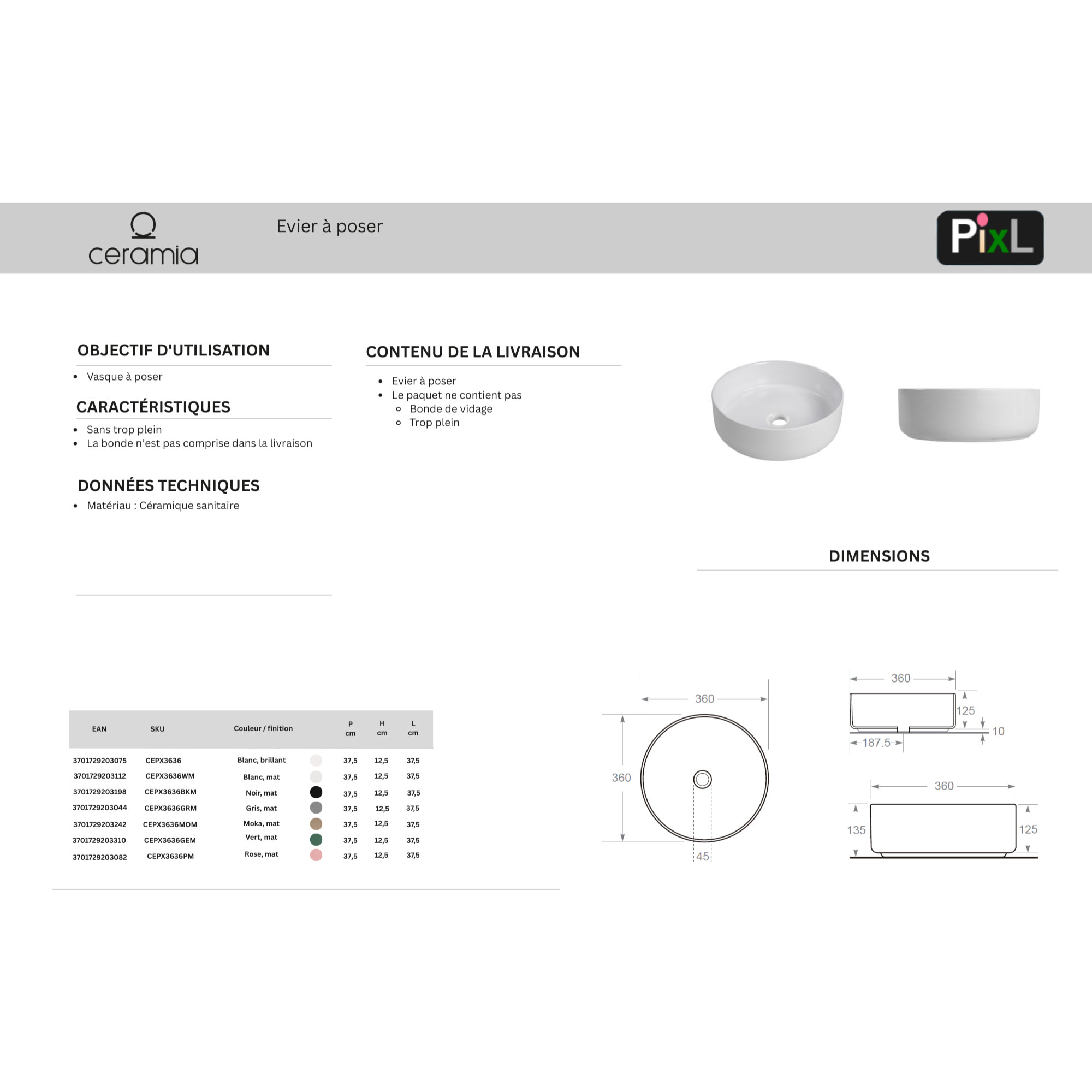 Vasque a poser ronde 36 cm hauteur 12,5 cm sans trop-plein blanc brillant Pixl (CEPX3636)