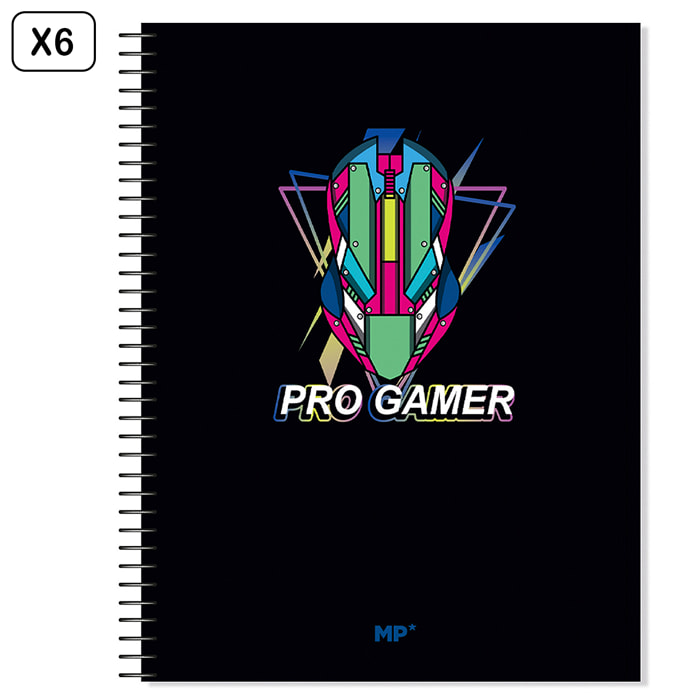 PACK 6 UNIDADES CUADERNO EXTRADURA A4 120 HOJAS CUADRICULA DISEÑO PRO GAMER