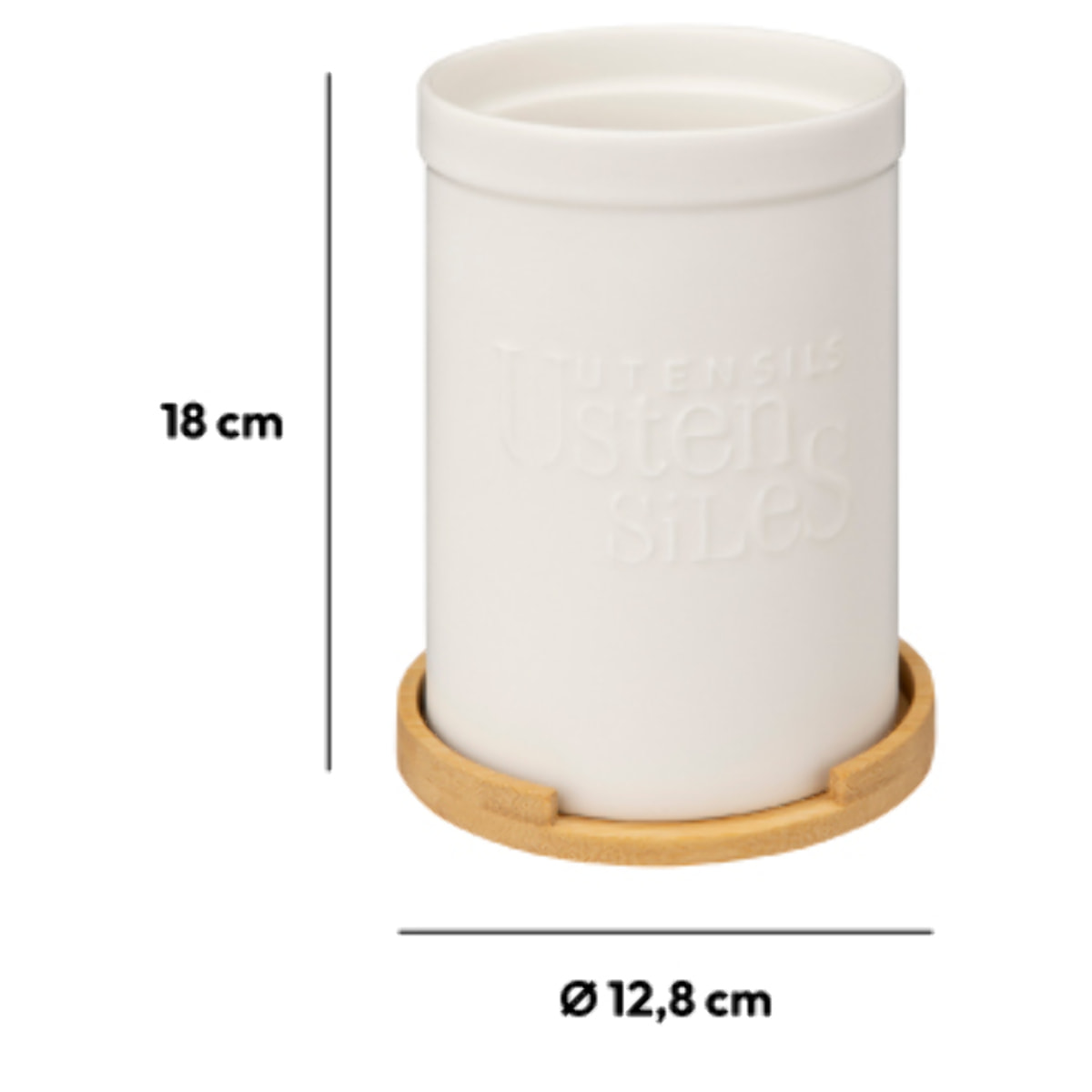 Pot à ustensiles couvercle bambou "Naturéo" en céramique blanc