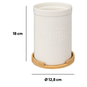 Pot à ustensiles couvercle bambou "Naturéo" en céramique blanc