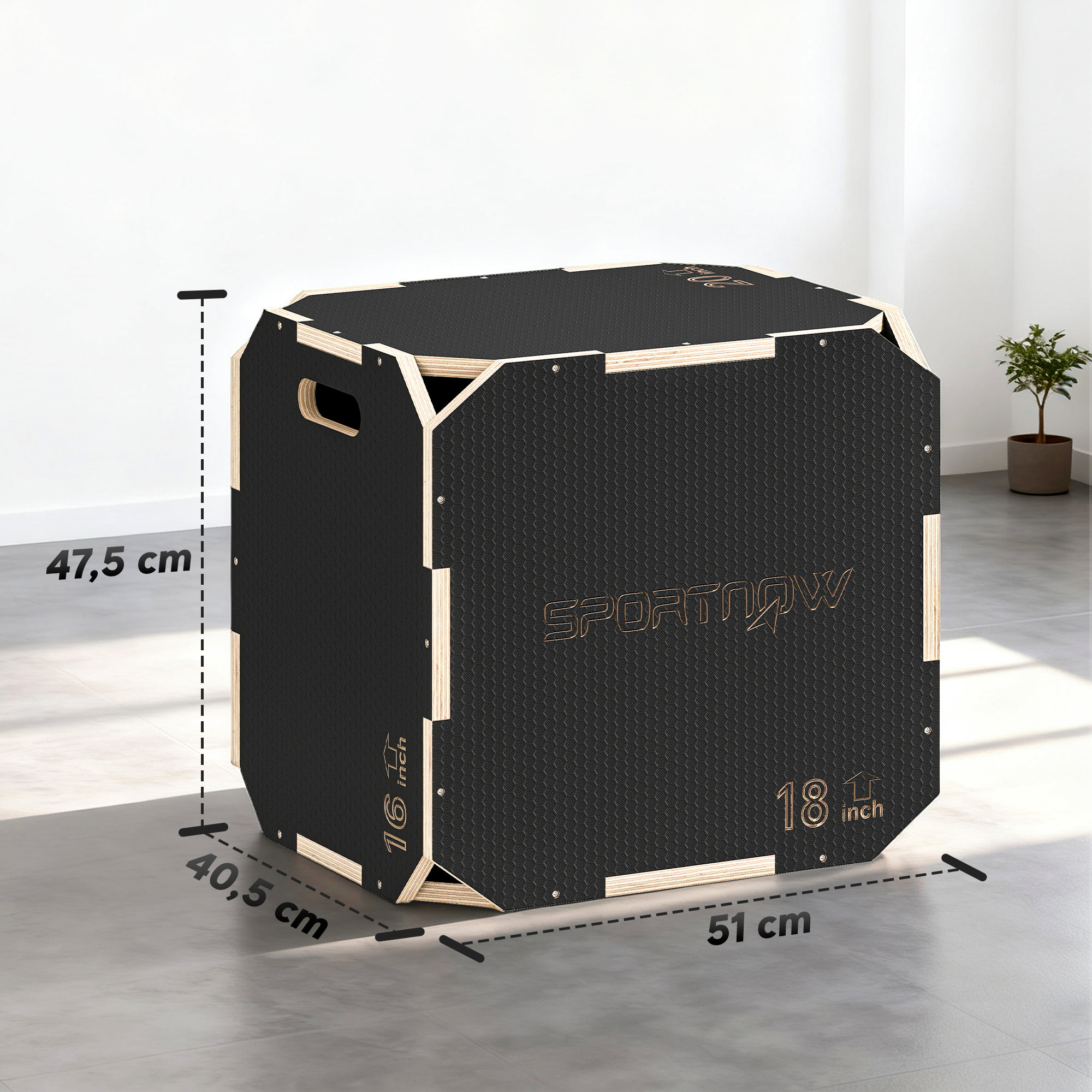 Cajón Pliométrico de Madera 3 en 1, Plataforma de Caja Pliométrica con 3 Alturas Ajustables 51/48/41 cm, Asas, sin Esquinas, Entrenamiento de Salto, Fuerza, para Casa, Gimnasio y Exterior