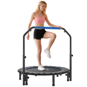 Trampolín de Fitness Adultos Ø114 cm, Cama Elástica Plegable con Mango Ajustable de 4 Niveles, Marco de Acero, para Entrenamiento Piernas, Cuerpo en Hogar, Oficina, Gimnasio, Azul y Negro
