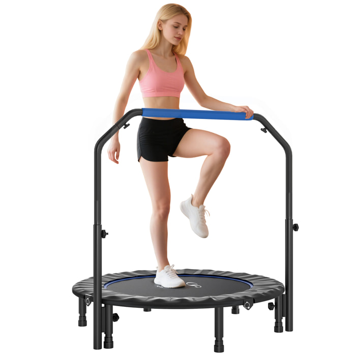 Trampolín de Fitness Adultos Ø114 cm, Cama Elástica Plegable con Mango Ajustable de 4 Niveles, Marco de Acero, para Entrenamiento Piernas, Cuerpo en Hogar, Oficina, Gimnasio, Azul y Negro