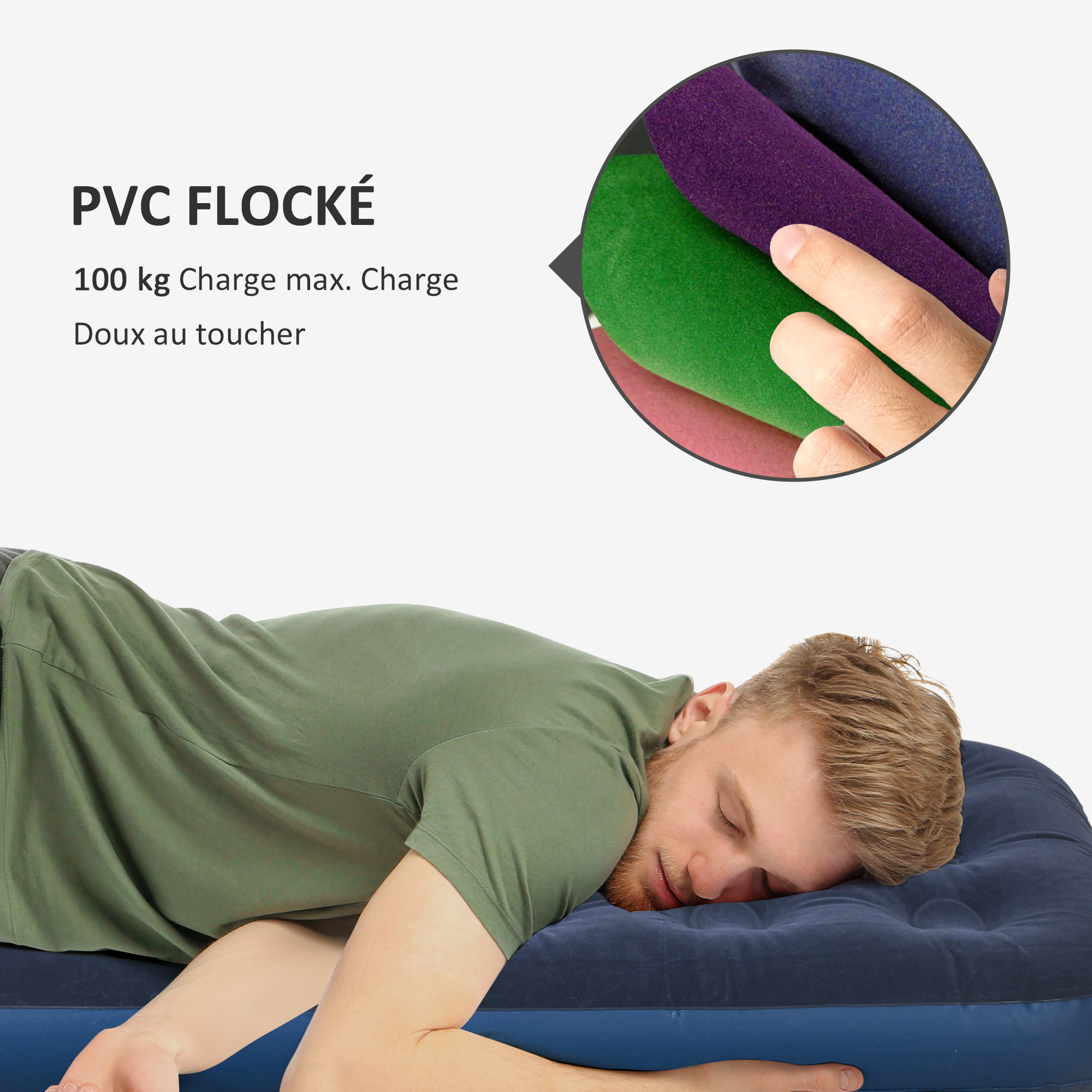 Matelas gonflable 1 personne lit pneumatique simple avec gonfleur manuel surface floquée bleu