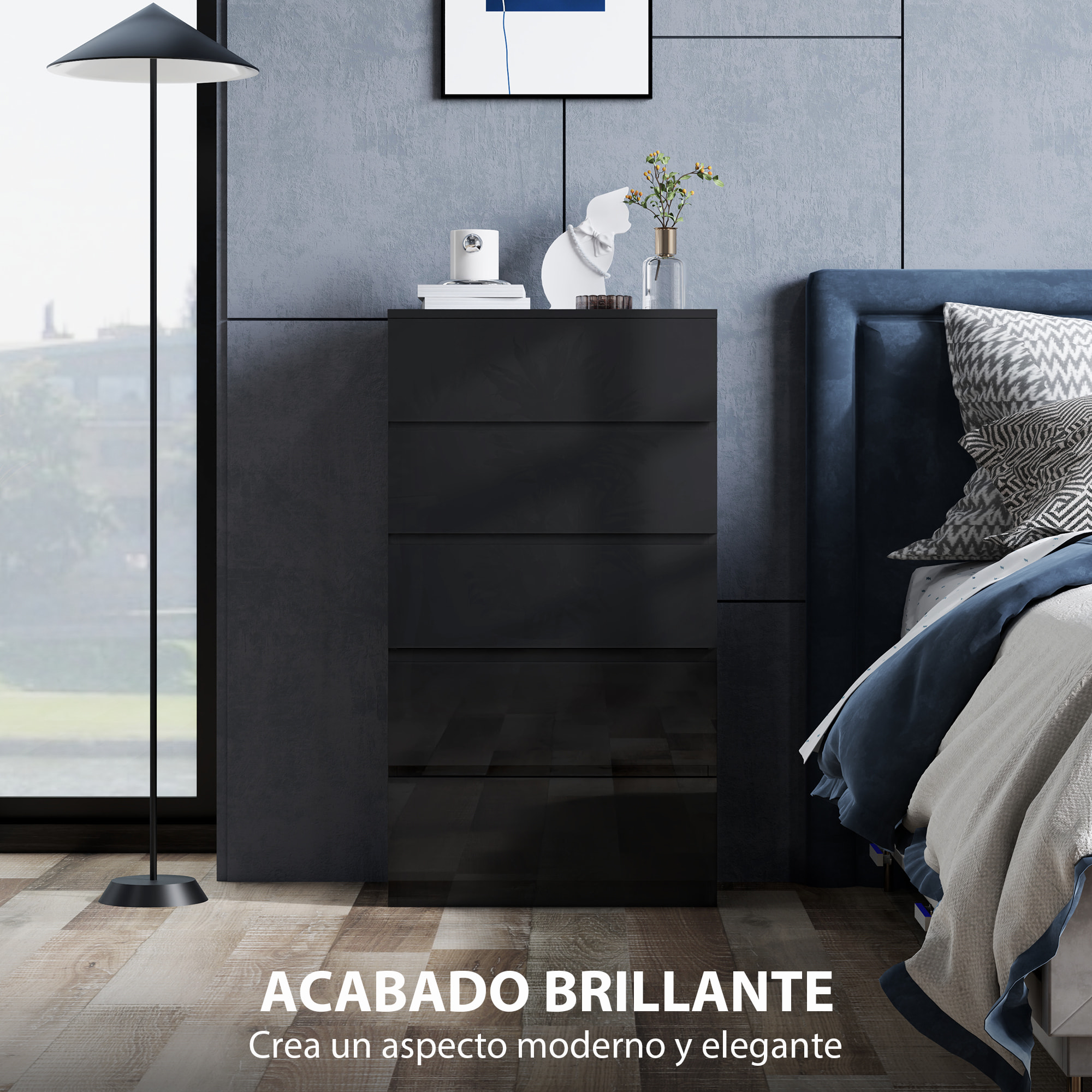 Cómoda con 5 Cajones Cómoda de Dormitorio Moderna con Diseño Anti-vuelco Cajonera para Salón Pasillo 55x34x100 cm Negro Brillo